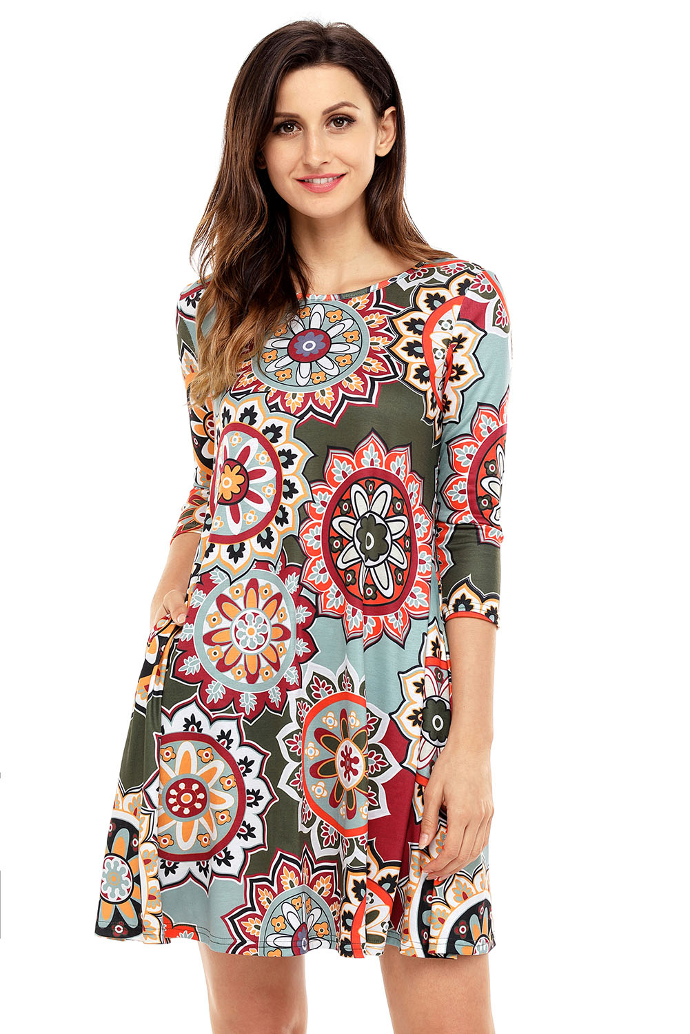 BY220051-9  Dress Sunflower Print Round Neck Long Sleeve Loose Sexy Mini Dresses